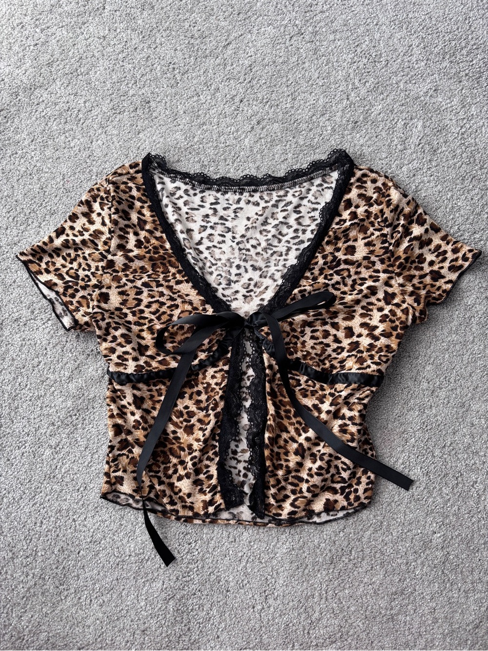 Leopard Print Tie-Front Women's Top with Black Trim
